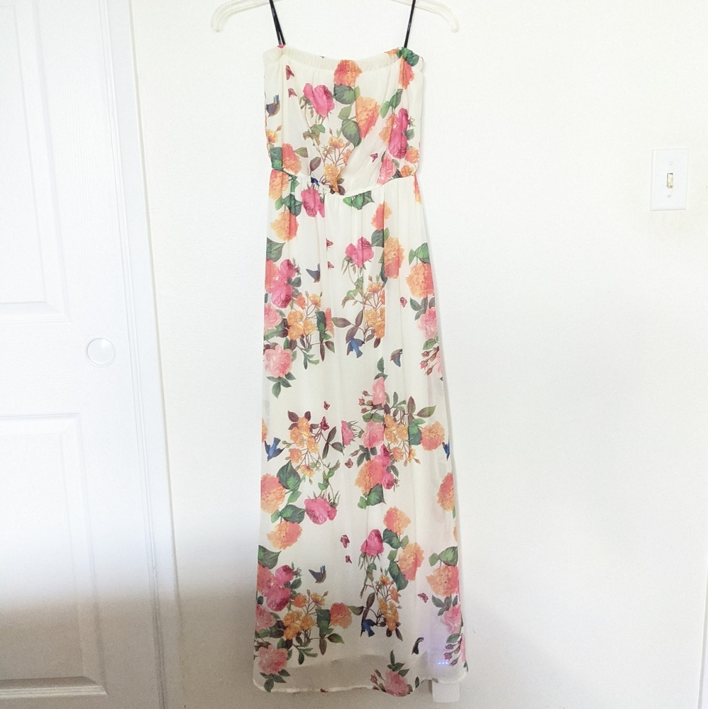 Forever 21 Floral White Strapless Maxi Dress